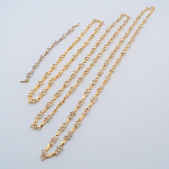 Small Pearls Gold Tone 3 Strand Necklaces and Bracelet Set - Picture 10 of 16